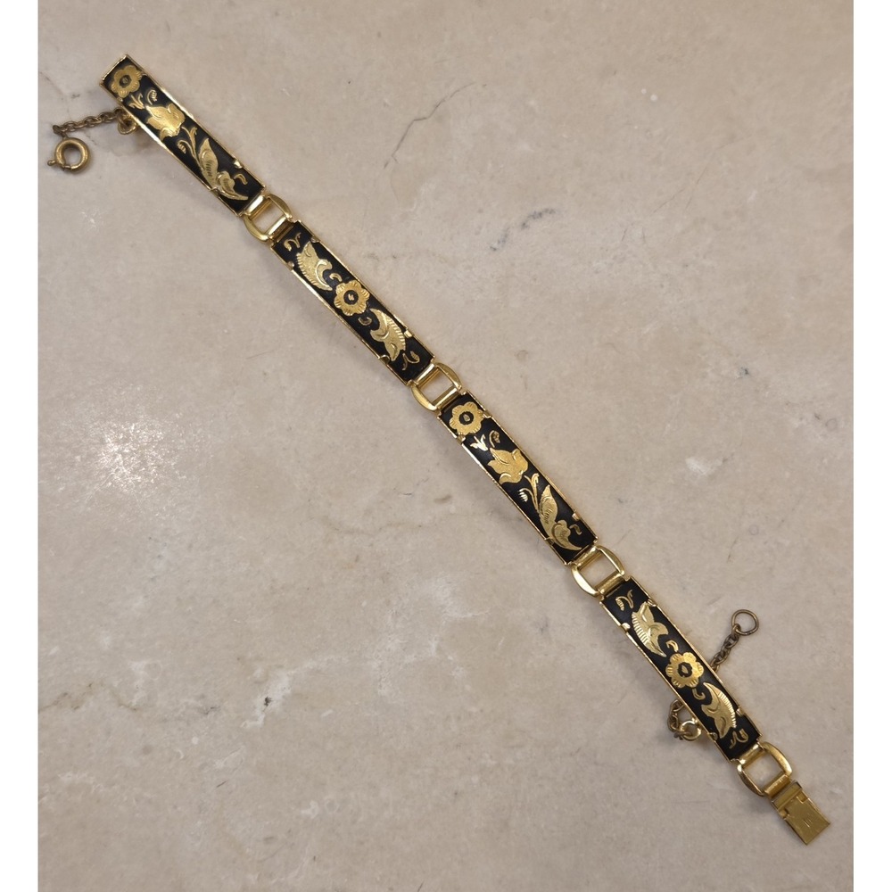 Vintage 1st Quality Spanish Damascene 24k‎ Gold Inlay 4 Panel Bracelet Flowers